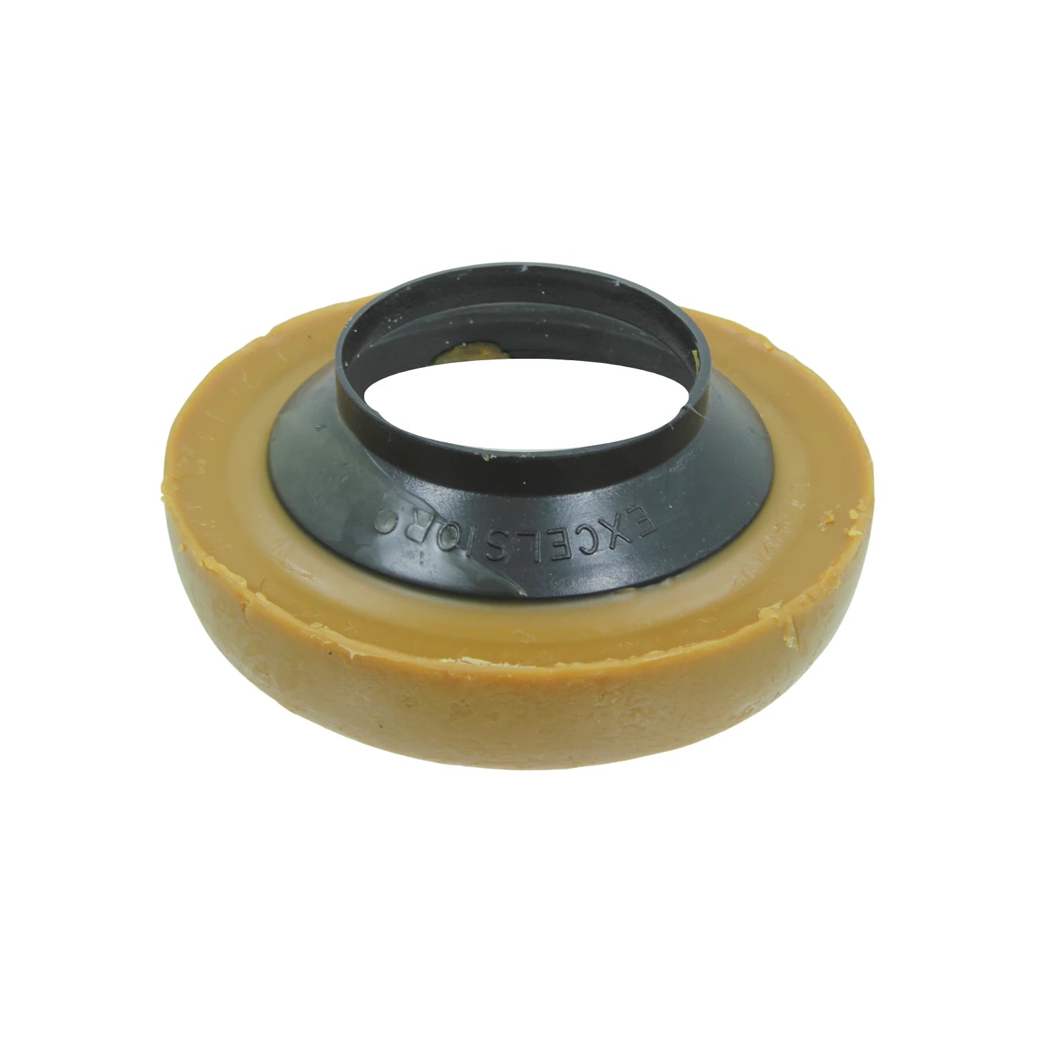 Anillo de cera marrón EXCELSIOR para inodoro, con embudo guía de plástico negro.