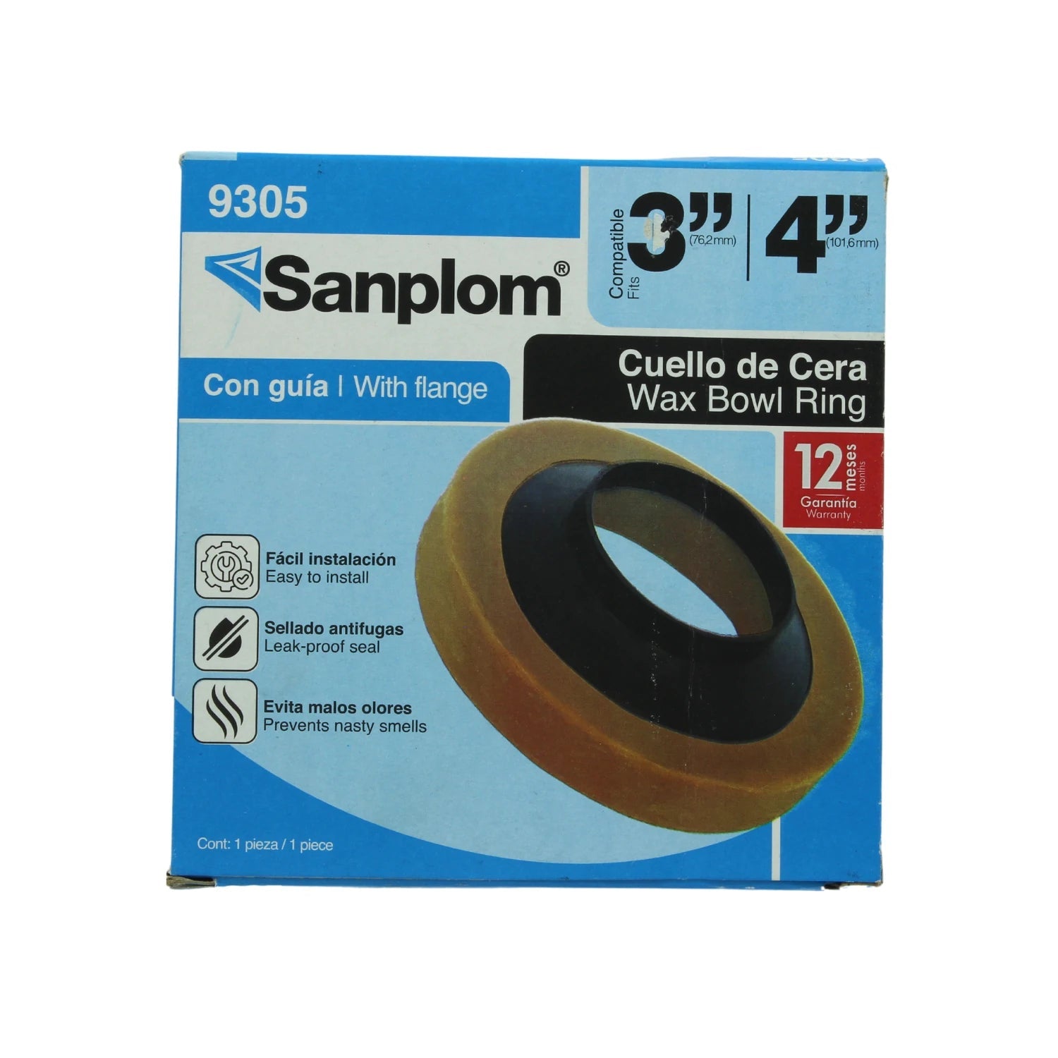 Cuello de cera Sanplom 9305 con guía para inodoro de 3 y 4 pulgadas, sellado antifugas y evita olores.