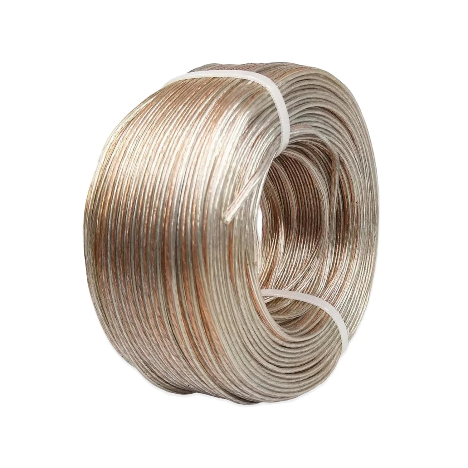 Rollo de cable eléctrico polarizado transparente con conductores de cobre y estañado para audio o instalaciones.