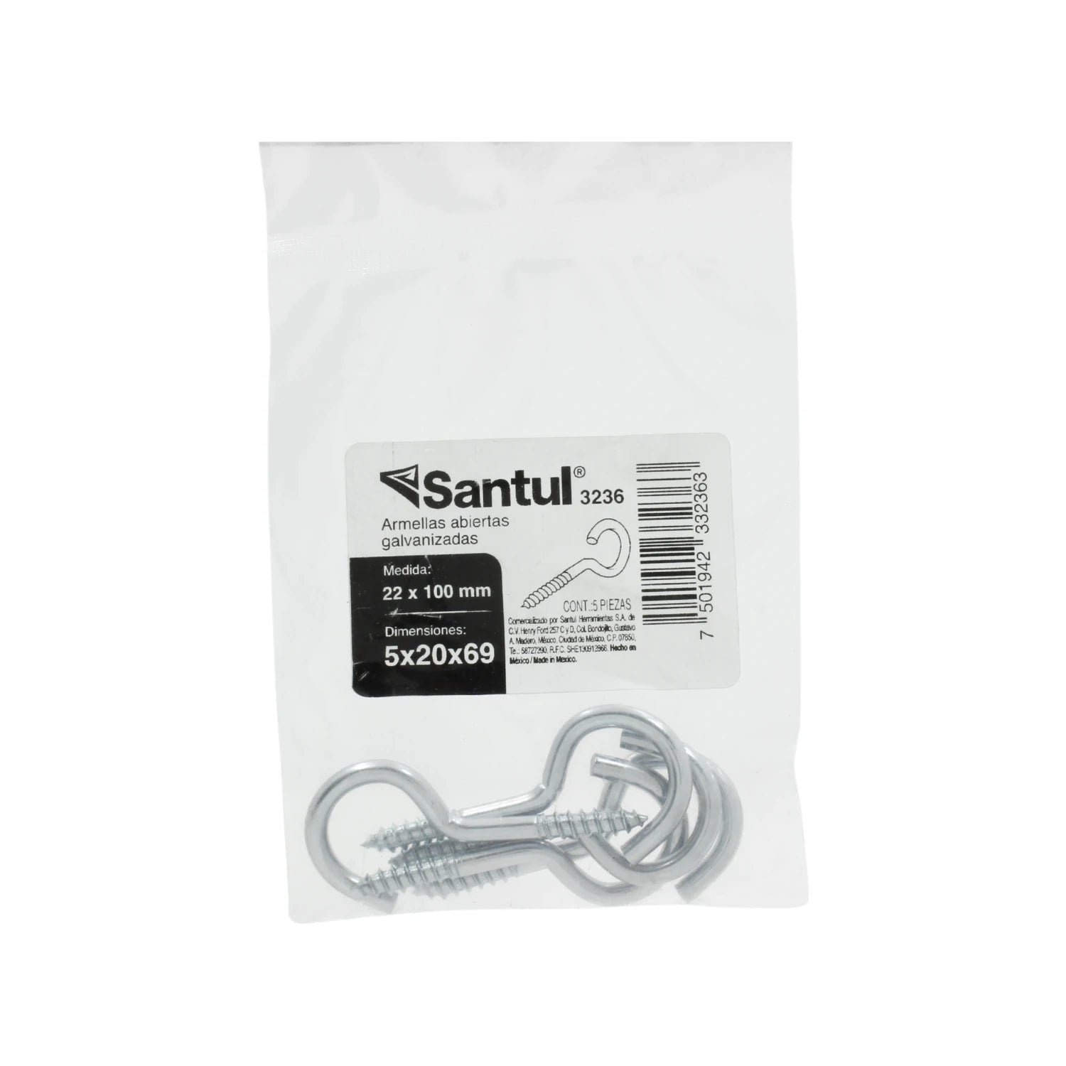 Armella abierta galvanizada Santul 22x100mm paquete de 5 piezas