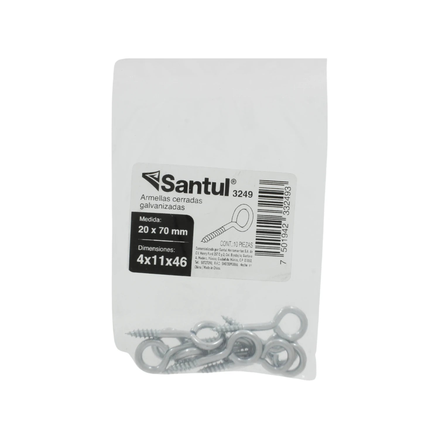 Armellas cerradas galvanizadas Santul 3249, 10 piezas de 20x70mm para fijación y sujeción