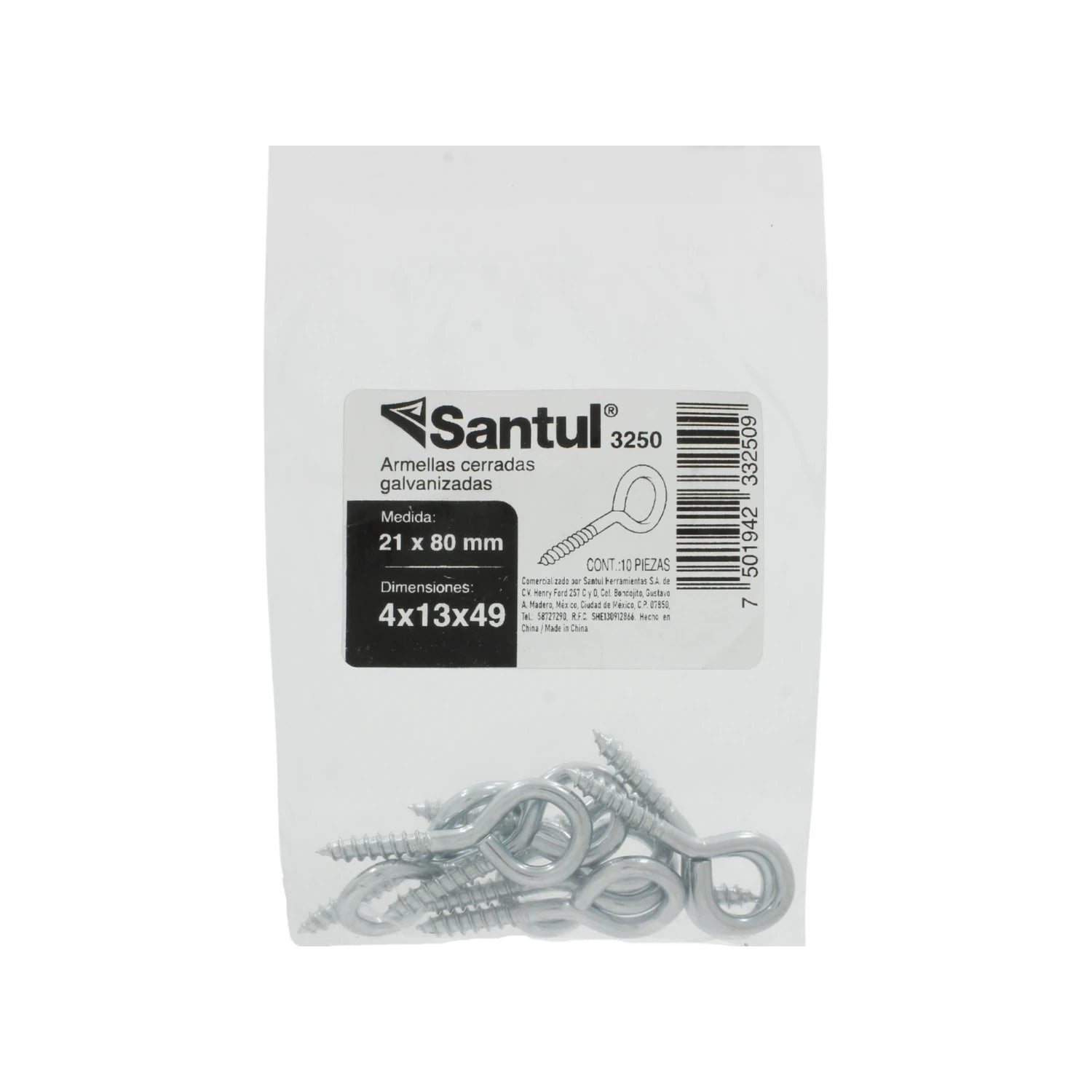 Armellas cerradas galvanizadas Santul 3250, tornillos de ojo con rosca, paquete de 10 piezas, 21x80mm