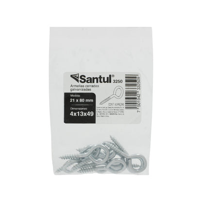 Armellas cerradas galvanizadas Santul 3250, tornillos de ojo con rosca, paquete de 10 piezas, 21x80mm