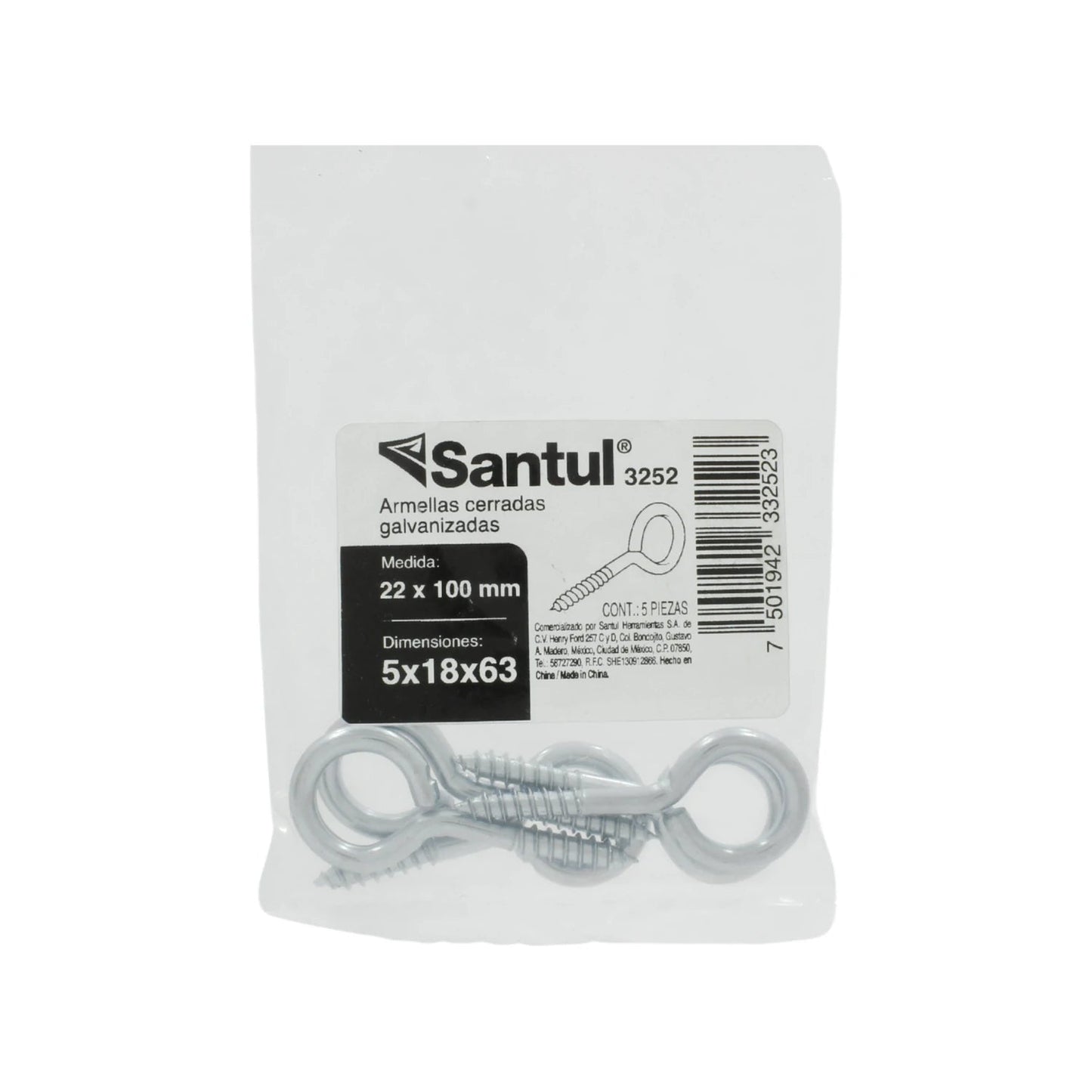 Armellas cerradas galvanizadas Santul 3252, 5 piezas, 22x100mm, tornillos de ojo roscados plateados