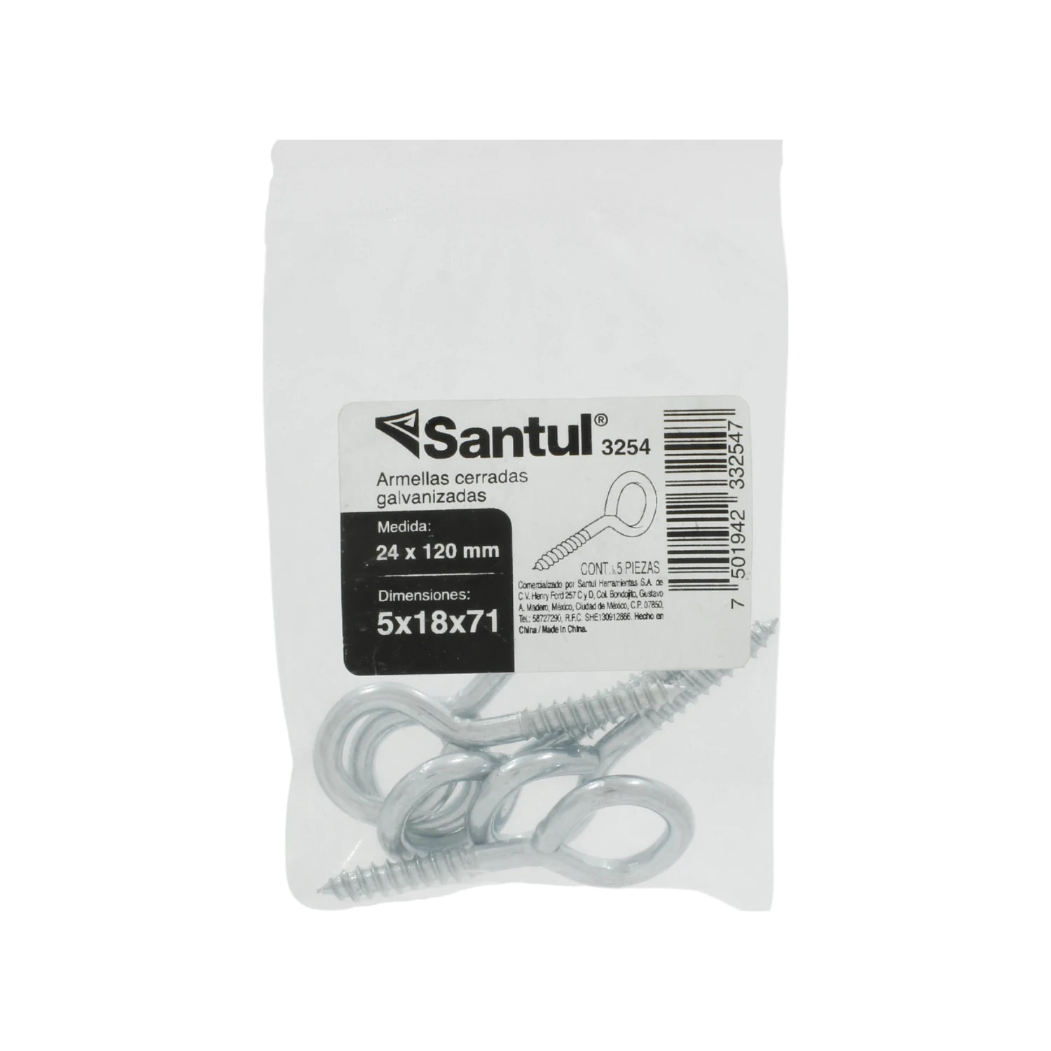 Armellas cerradas galvanizadas Santul 24x120mm, 5 piezas para fijación o sujeción segura.