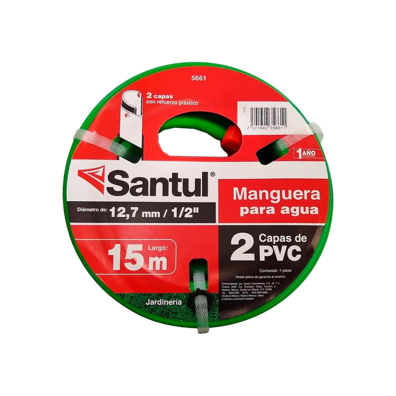 Manguera de agua Santul bicapa verde de PVC 1/2" x 15m para jardín, con refuerzo plástico, modelo 5661