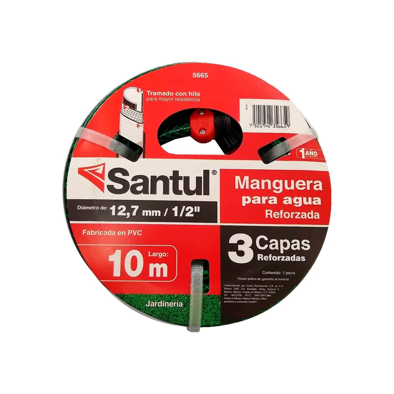 Medida: 1/2",Longitud: 10 metros.,Reforzada tramada en nylon.,Con conectores plástico.