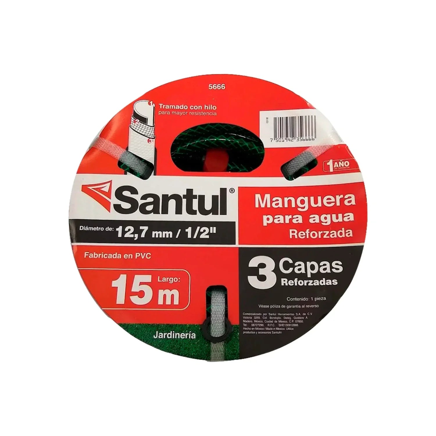 Medida: 1/2",Longitud: 15 metros.,Reforzada tramada en nylon.,Con conectores plástico.