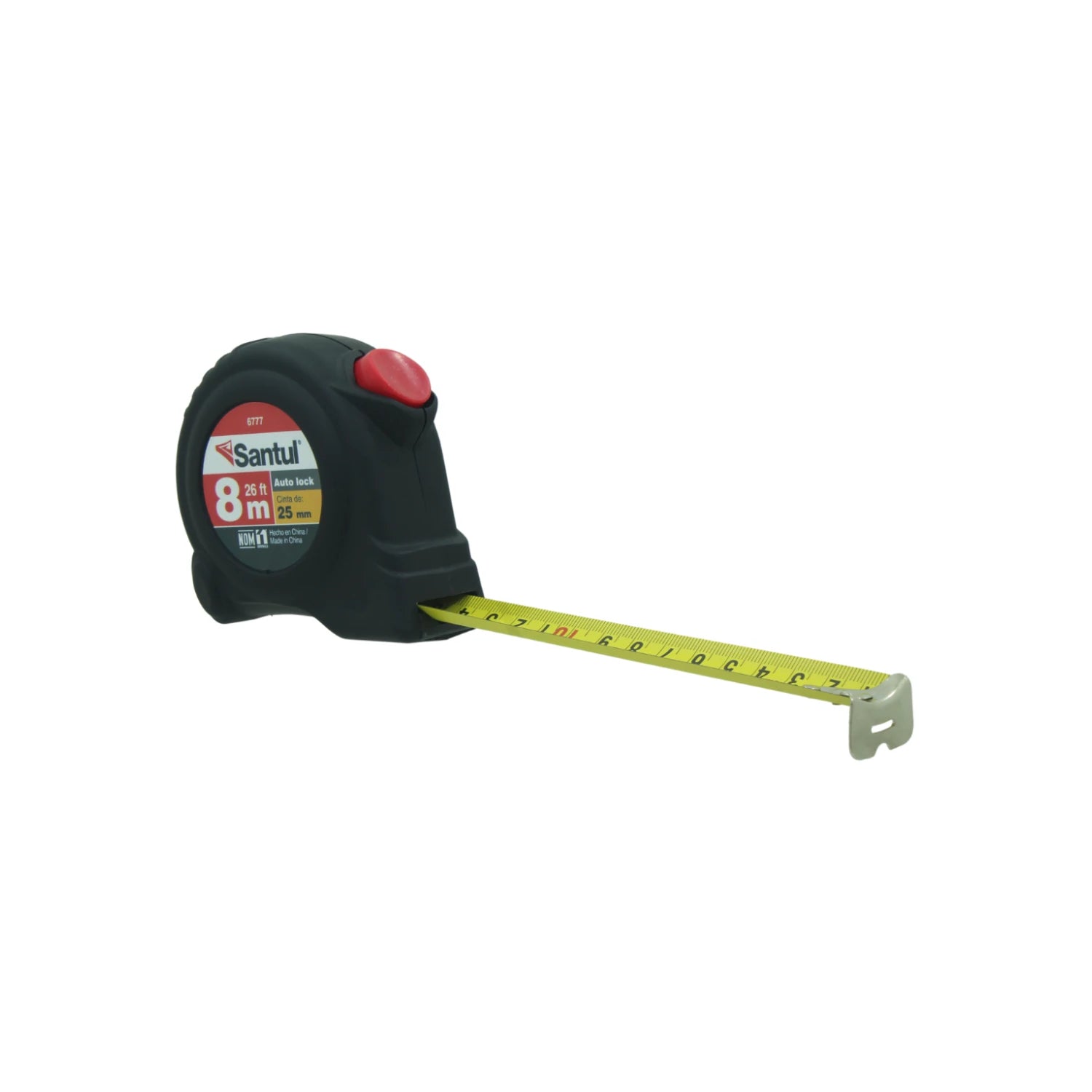 Flexómetro Santul auto lock 8 metros (26 pies) negro con cinta amarilla, herramienta de medición precisa para obra.