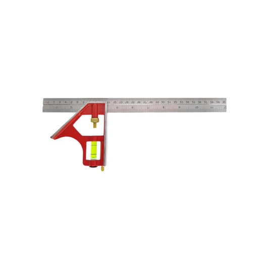 Regla Fabricada en acero inoxidable.,Caras rectificadas (trazos de 45º y 90º).,Gota de alta visibilidad (amarillo óptico).,Escuadra de combinación de 12" (30 cm).