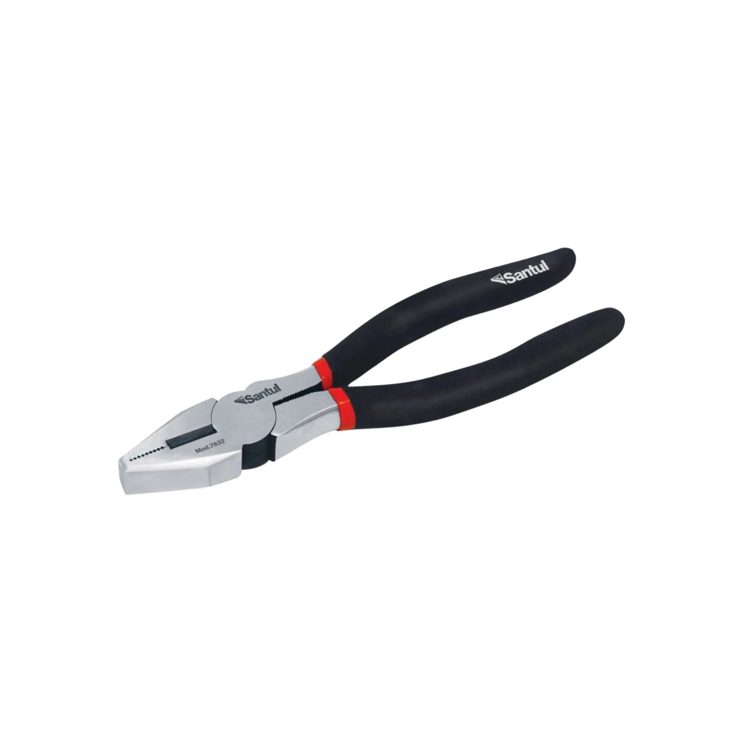 Pinzas de electricista Santul Mod.7632, herramienta manual con mangos ergonómicos negros y detalles rojos.