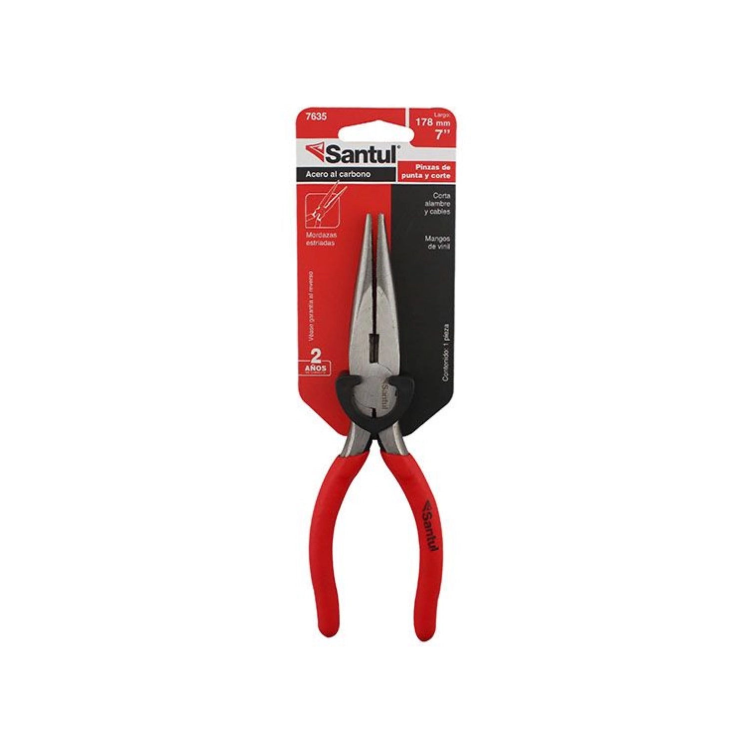 Pinza de punta y corte Santul 7" (178mm) acero al carbono, mordazas estriadas, mangos rojos de vinil