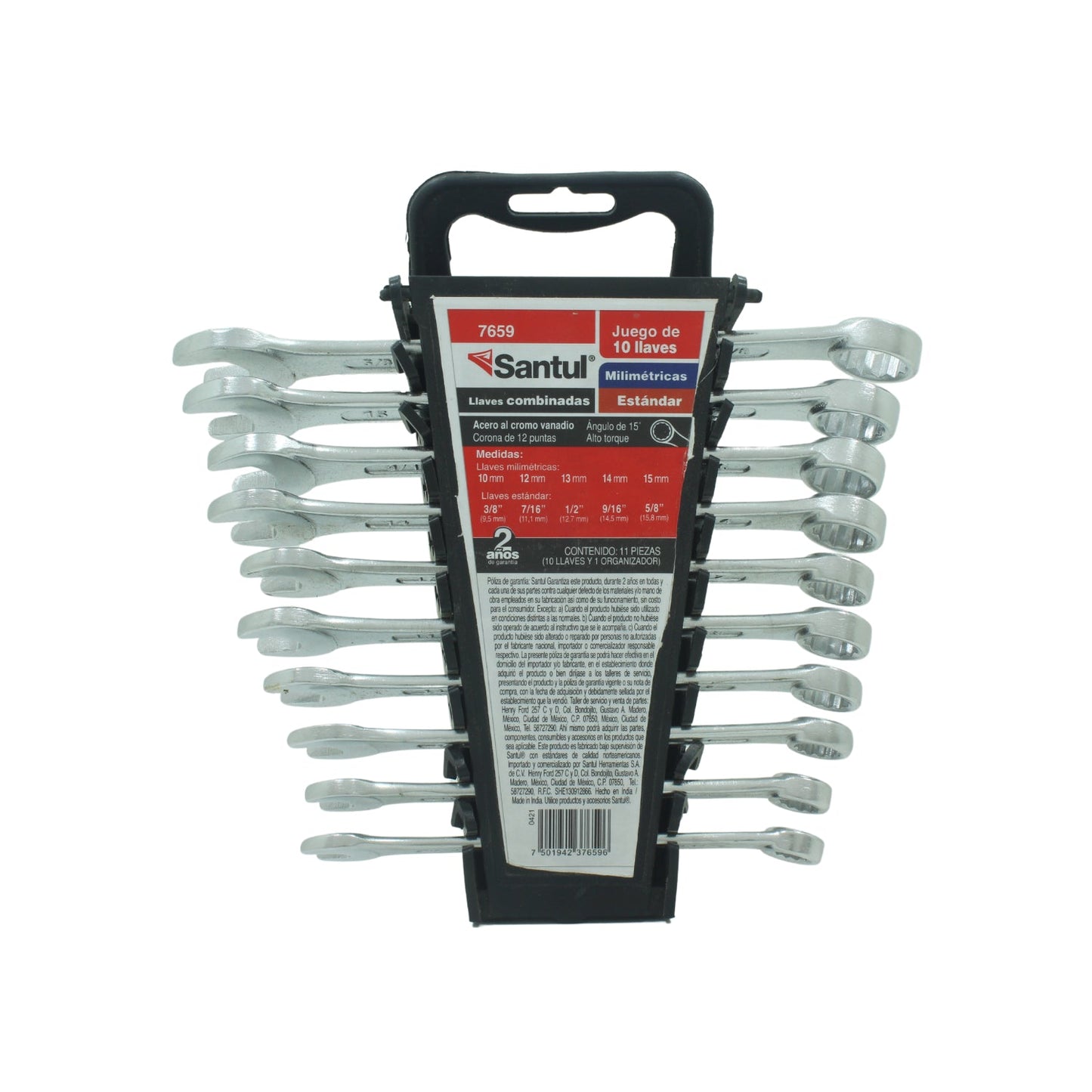 Juego de 10 llaves mixtas Santul 7659, milimétricas y estándar, acero cromo vanadio, en organizador negro.