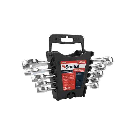 Juego de llaves combinadas en acero al carbóno.,Medidas: 3/8"-10 mm, 7/16"-12 mm, 1/2"-13 mm, 9/16"-14 mm, 5/8"-15 mm,Cromado.