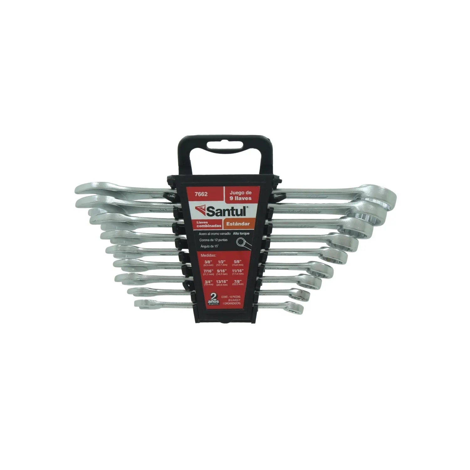 Juego de llaves combinadas en acero al carbóno.,Medidas: 3/8"-10 mm, 7/16"-12 mm, 1/2"-13 mm, 9/16"-14 mm, 5/8"-15 mm, 11/16"- 17 mm, 3/4"-19 mm, 13"/16-20 mm y 7/8-22 mm,Cromado.