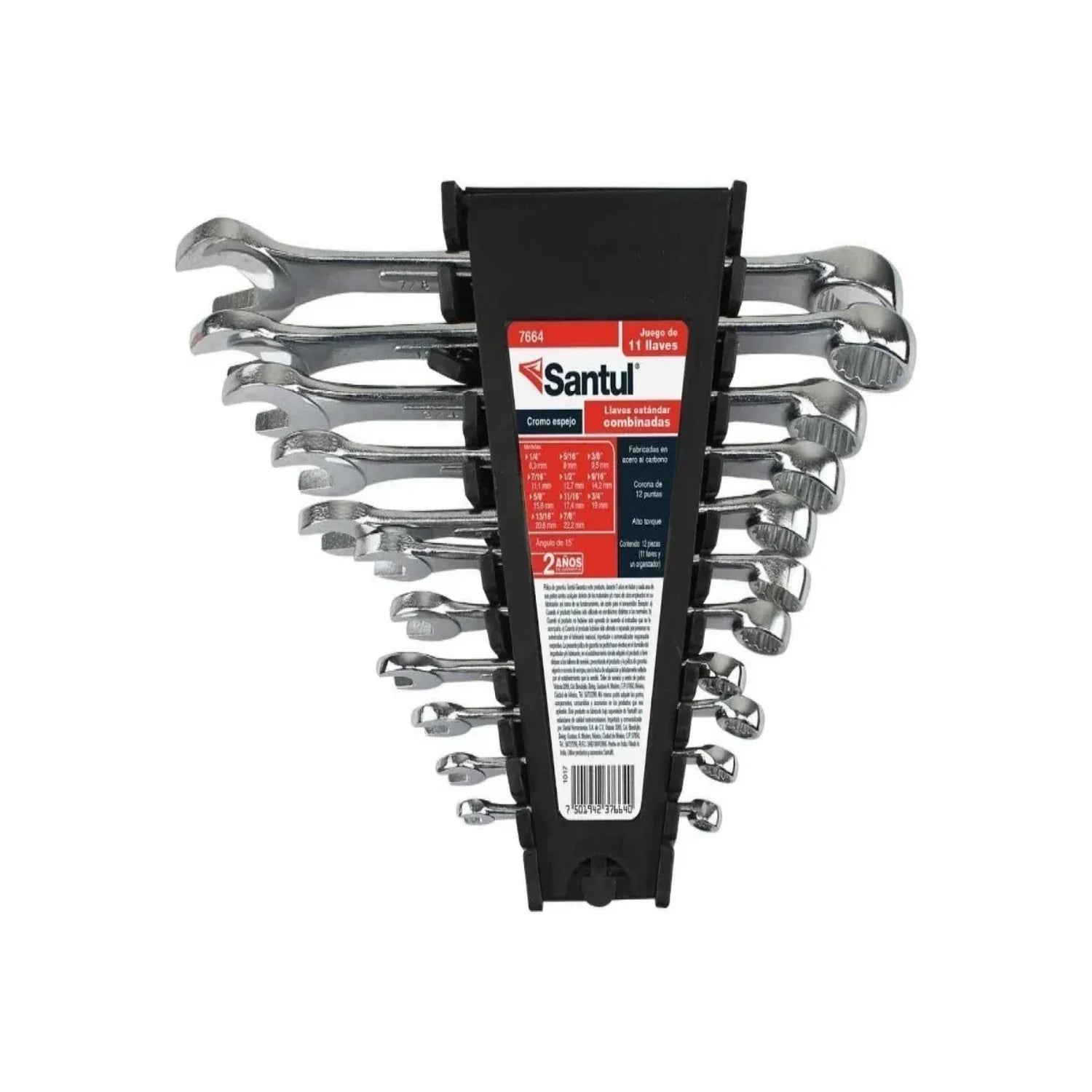 Juego de llaves combinadas en acero al carbóno.,Medidas: 1/4"-6 mm, 5/16"-7 mm, 3/8"-10 mm, 7/16"-12 mm, 1/2"-13 mm, 9/16"-14 mm, 5/8"-15 mm, 11/16"- 17 mm, 3/4"-19 mm, 13/16"-20 mm y 7/8"-22 mm,Cromado.