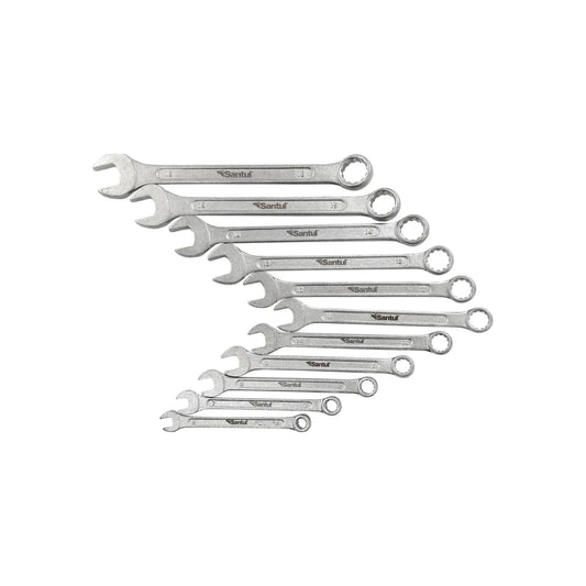 Juego de llaves combinadas en acero al carbóno.,Medidas: 6 mm, 7 mm, 8 mm, 9 mm, 10 mm, 11 mm, 12 mm, 13 mm, 14 mm, 15 mm y 16 mm,Cromado.