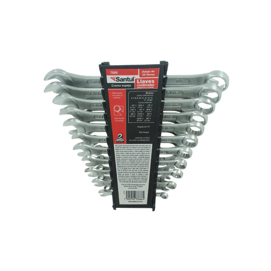 Juego de llaves combinadas en acero al carbóno.,Españolas medidas: 1/4", 5/16", 3/8", 7/16", 1/2", 9/16", 5/8", 11/16", 3/4", 13/16", 7/8",Milimétricas medidas: 6 mm", 7 mm", 8 mm", 9 mm", 10 mm", 11 mm", 12 mm", 13 mm", 14 mm", 17 mm y 19 mm,Cromado.