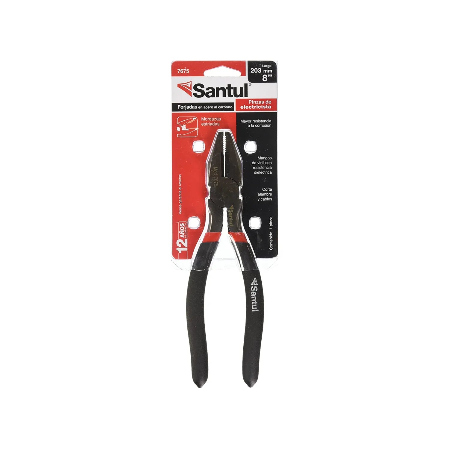 Pinza de electricista Santul 8 pulgadas, mangos aislados negros y rojos, forjada en acero al carbono para cortar cable