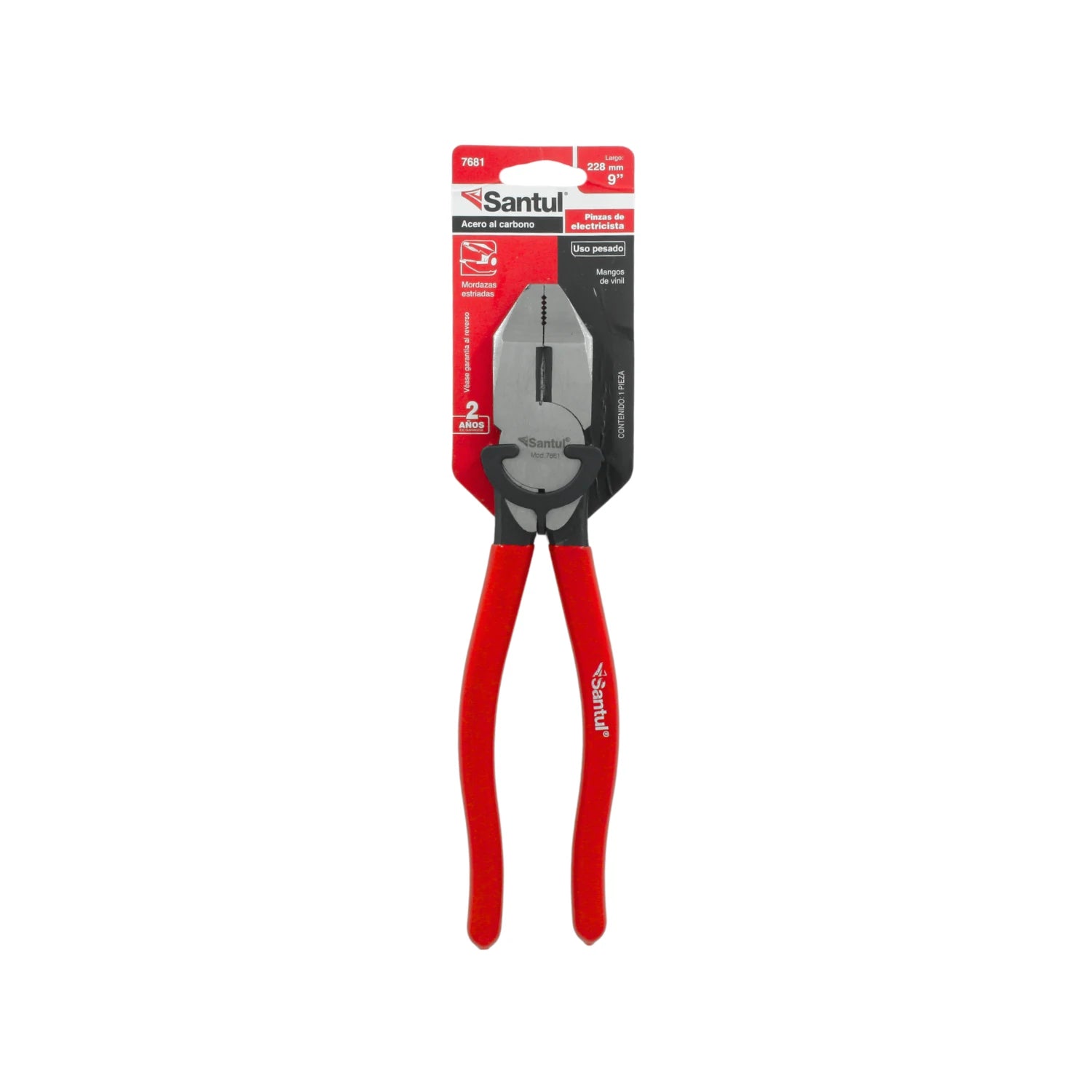 Pinza de electricista Santul 9" (228mm) uso rudo, acero al carbono, mangos de vinil rojos