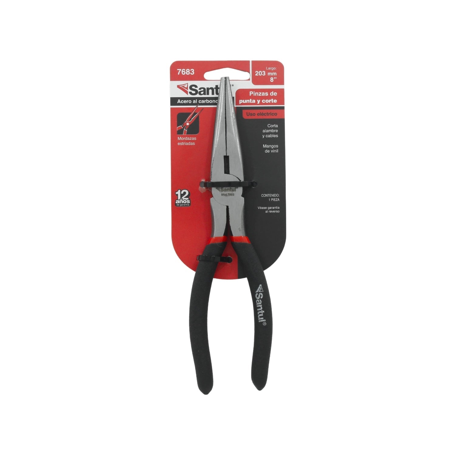 Pinza de punta y corte Santul 8 pulg acero al carbono, mangos de vinil negro/rojo, uso eléctrico