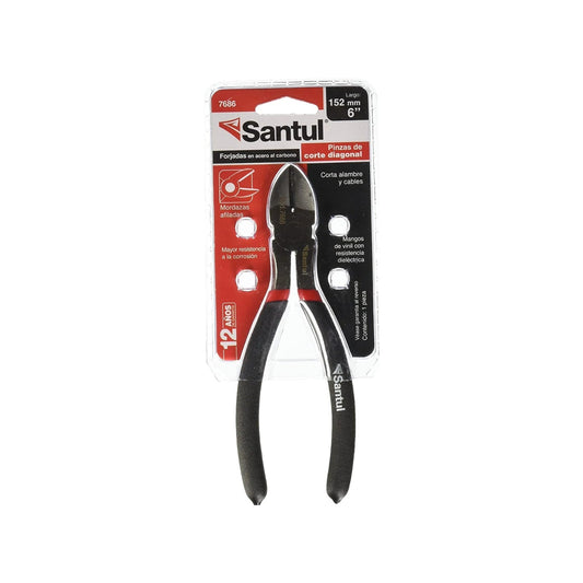 Pinza corte diagonal Santul 7686, 6" para alambre y cables, acero carbono, mangos vinil dieléctricos negros/rojos.