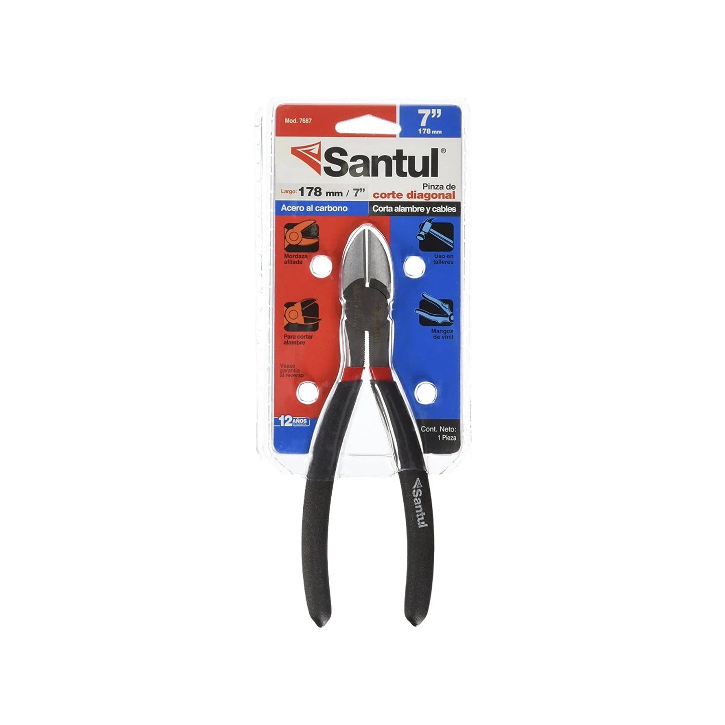 Pinza de corte diagonal Santul 7" (178mm) de acero al carbono, mangos negros de vinil, para cortar alambre y cables