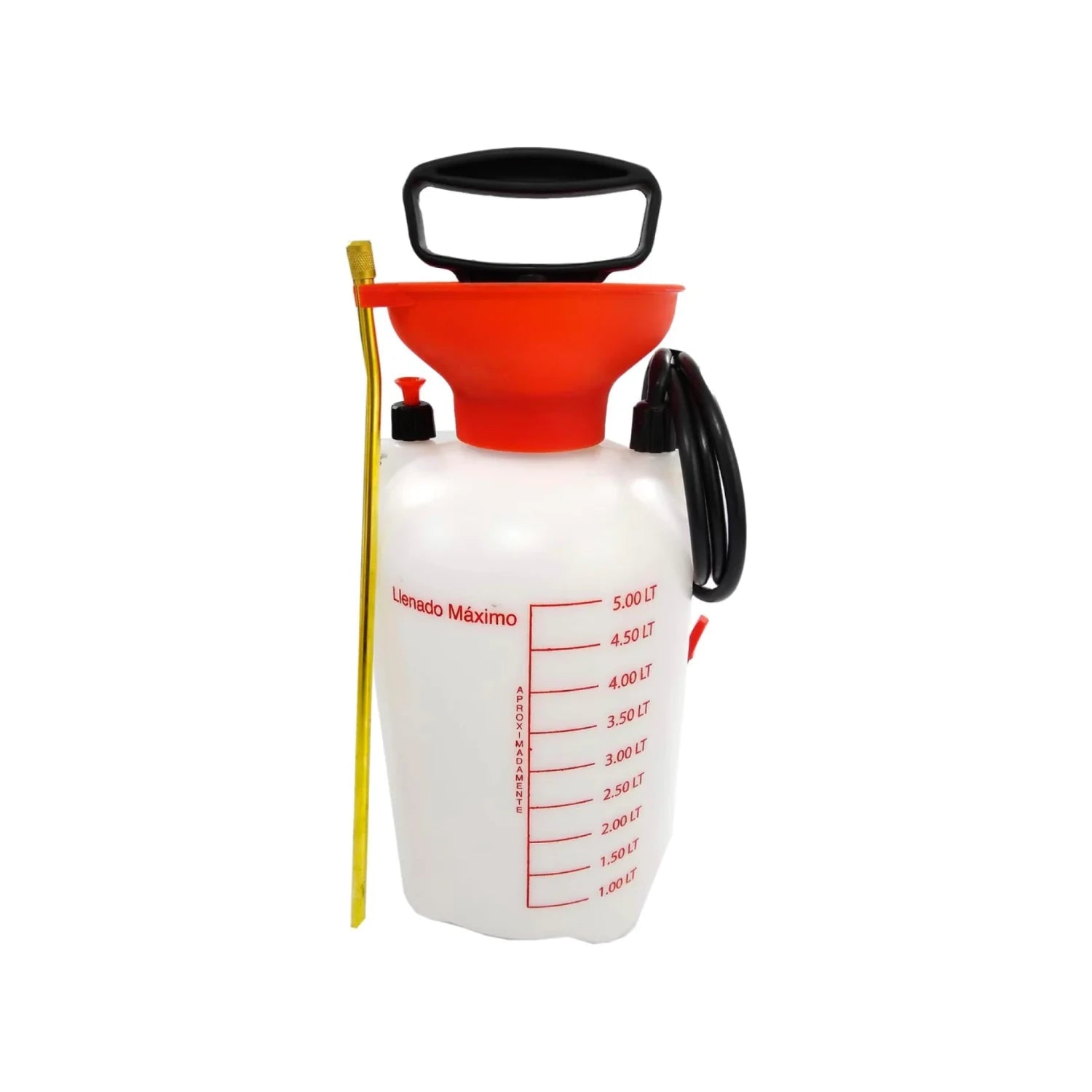 Bomba fumigadora manual de 5 litros blanca con embudo naranja, pulverizador de presión para jardín y agricultura.