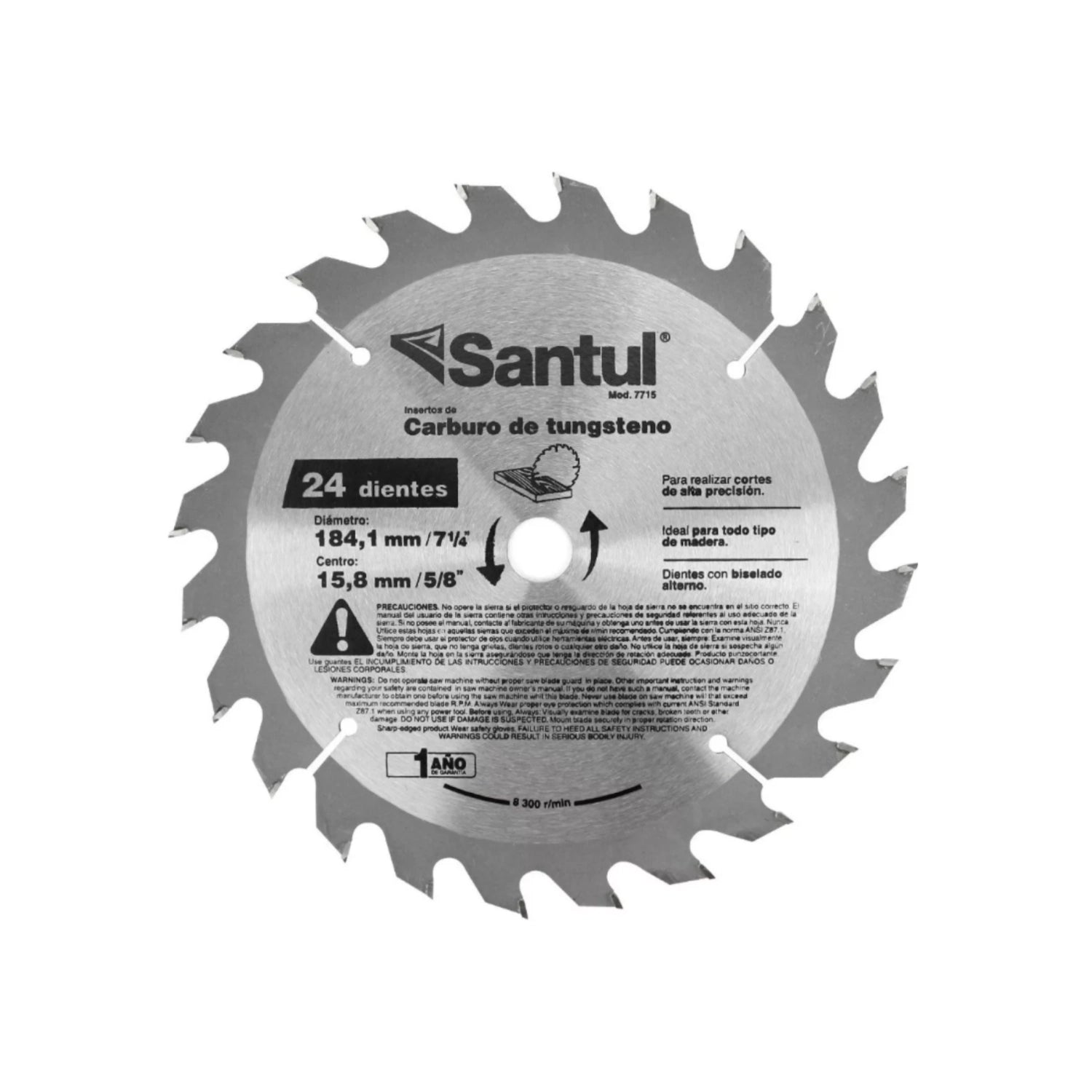 Disco sierra circular Santul 7 1/4", 24 dientes de carburo de tungsteno para cortes precisos en madera.