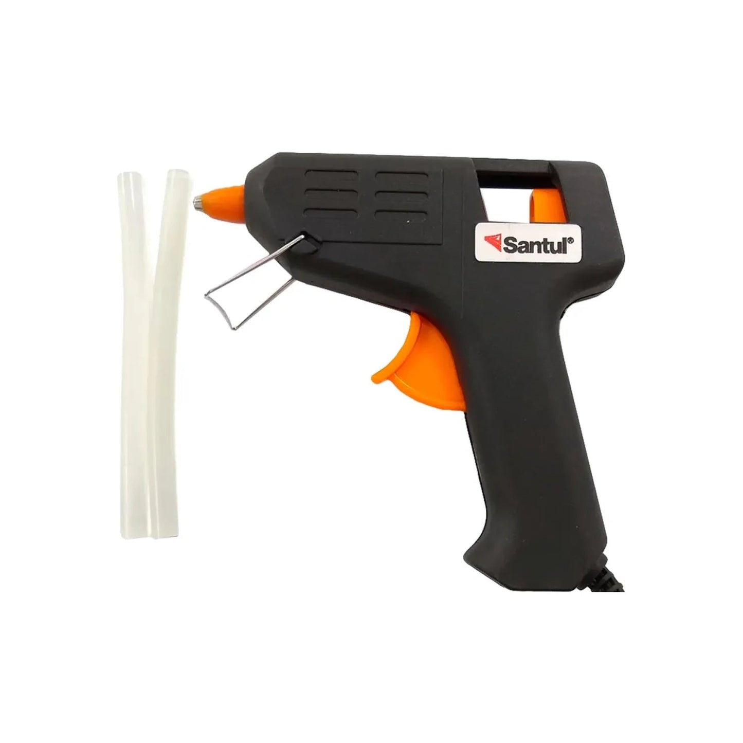 Pistola de silicón caliente Santul negra y naranja con dos barras de pegamento, ideal para manualidades y reparaciones.