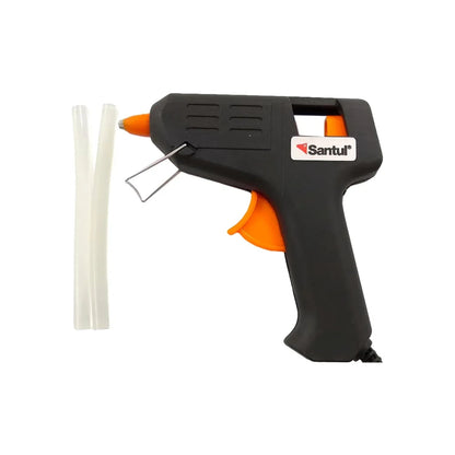 Pistola de silicón caliente Santul negra y naranja con dos barras de pegamento, ideal para manualidades y reparaciones.