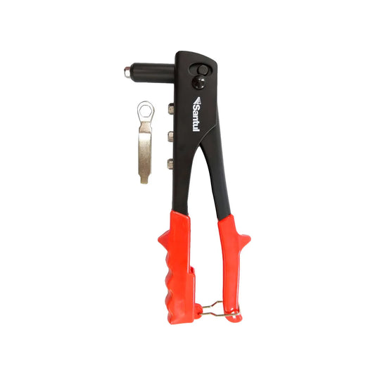 Fabricada en acero con pintura electroestática y boquillas cromadas.,Mango ergonómico.,Incluye llave para boquillas y remaches.,Remachadora de 10",Boquillas de 2 mm, 3 mm, 4 mm y 5 mm
