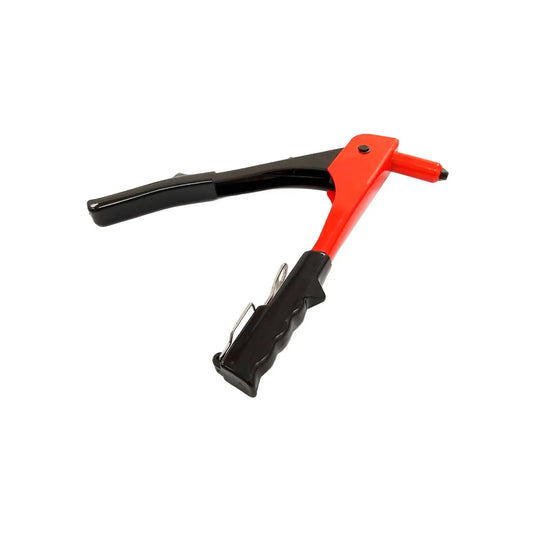 Fabricada en acero.,Mango ergonómico.,Incluye llave para boquillas.,Remachadora de 10", 4 boquillas y remaches (3/32", 1/8", 5/32" y 3/16").