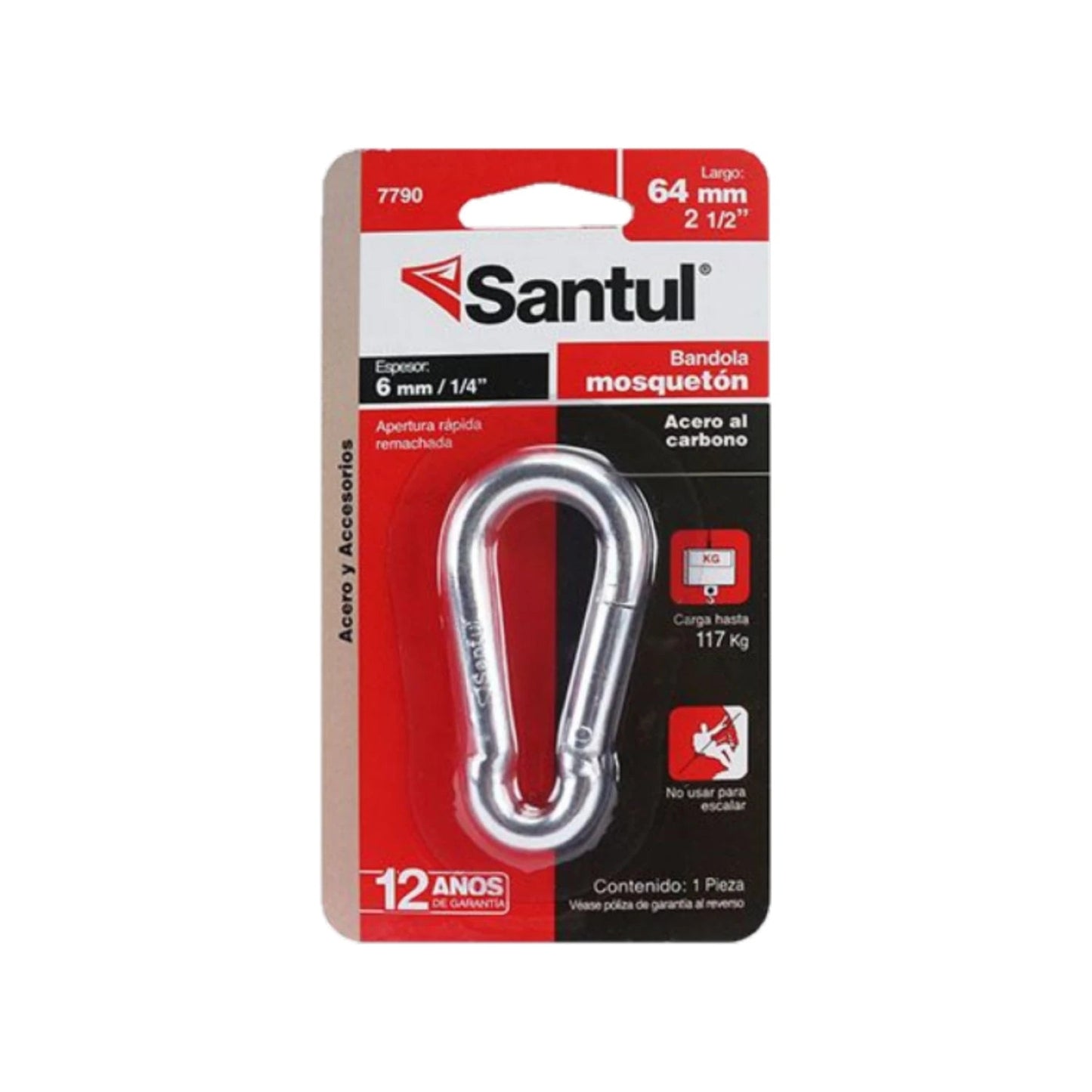 Mosquetón Santul acero al carbono 6mm (1/4") x 64mm (2 1/2"), carga 117kg, uso general, no escalar, 7790.