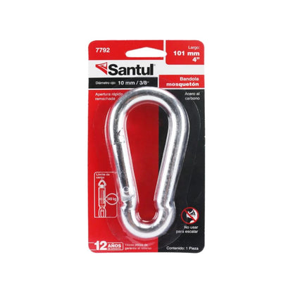 Bandola mosquetón Santul 7792 de acero carbono 3/8"x4" (10x101mm) con apertura rápida y carga máxima 349 kg. No para escalar.