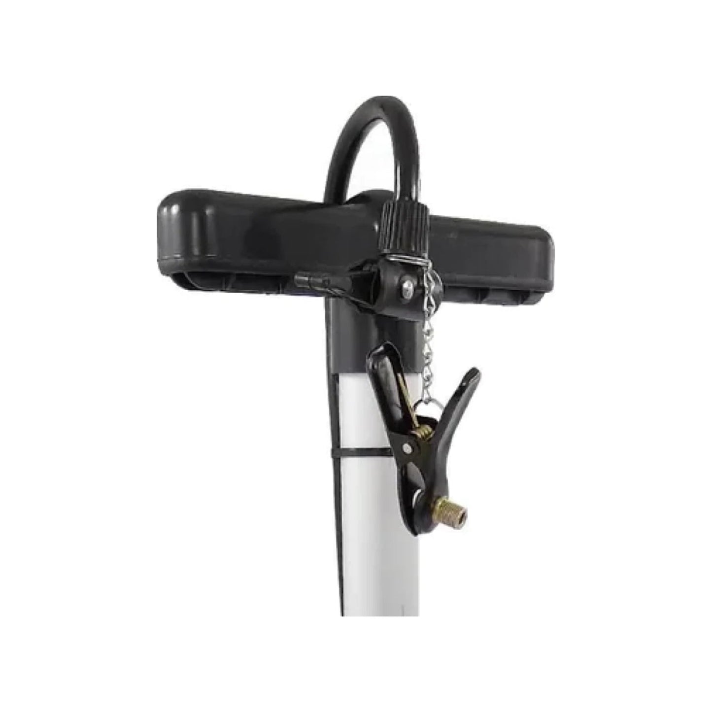 Bomba de mano negra para inflar con mango ergonómico curvo y conector de válvula de abrazadera.
