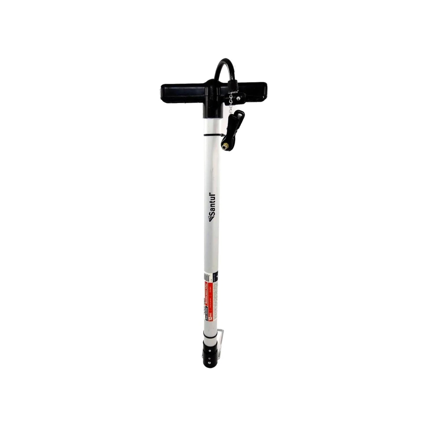 Bomba de mano Santul blanca y negra de 21 pulgadas con asa en T y manguera, ideal para inflar neumáticos.