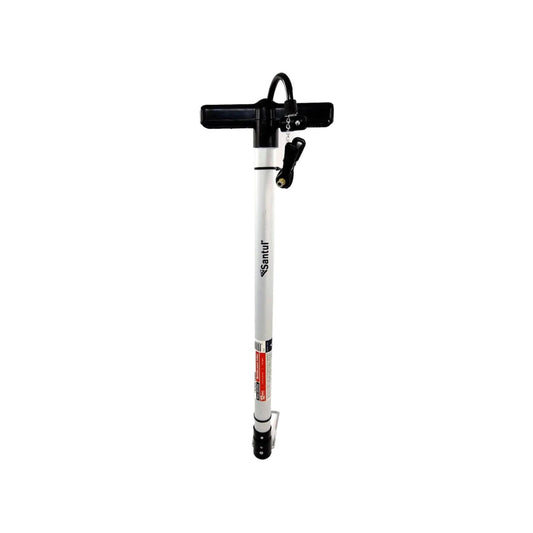 Bomba de mano Santul blanca y negra de 21 pulgadas con asa en T y manguera, ideal para inflar neumáticos.