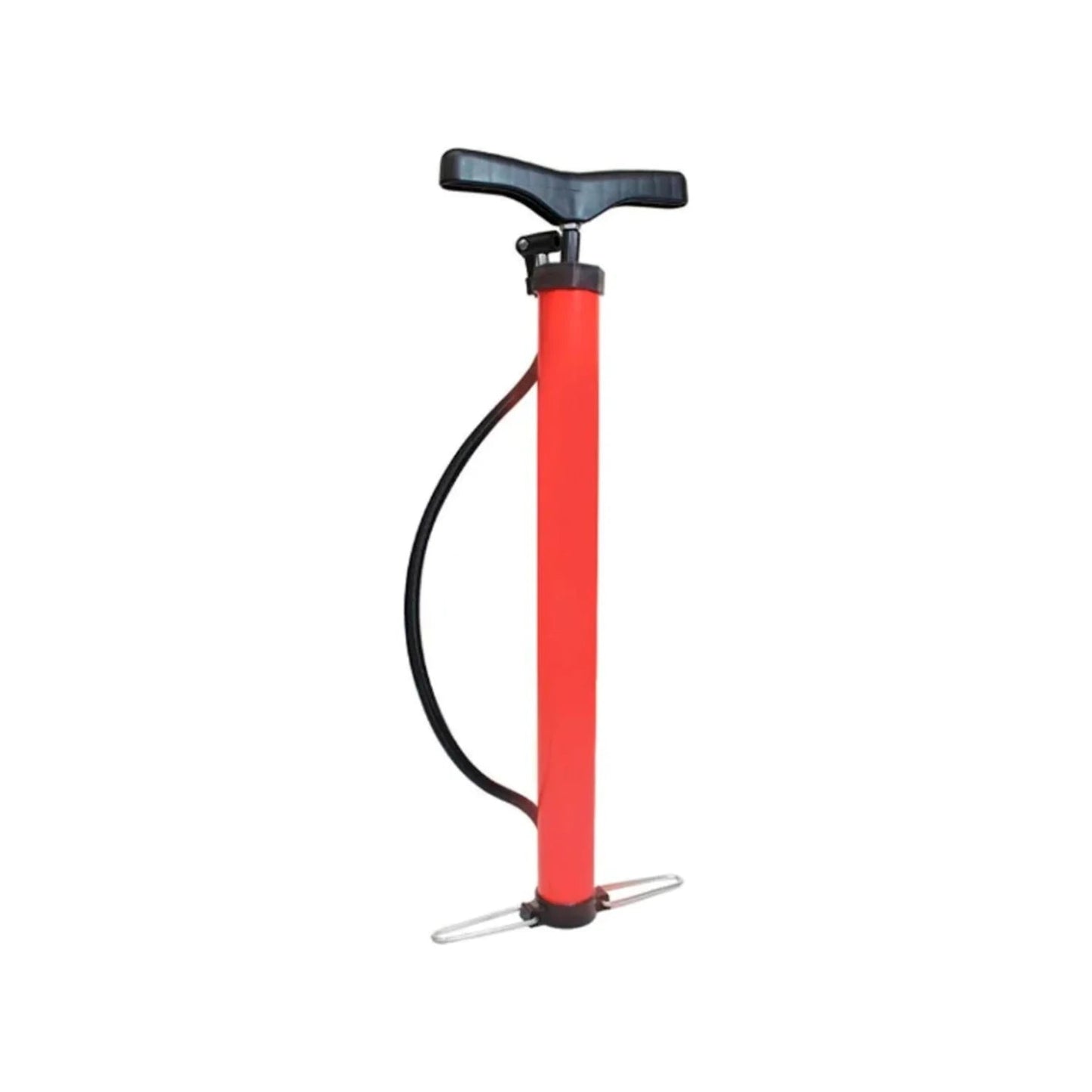 Bomba de mano vertical roja con mango en T y base de apoyo, manguera negra, para inflar neumáticos y balones