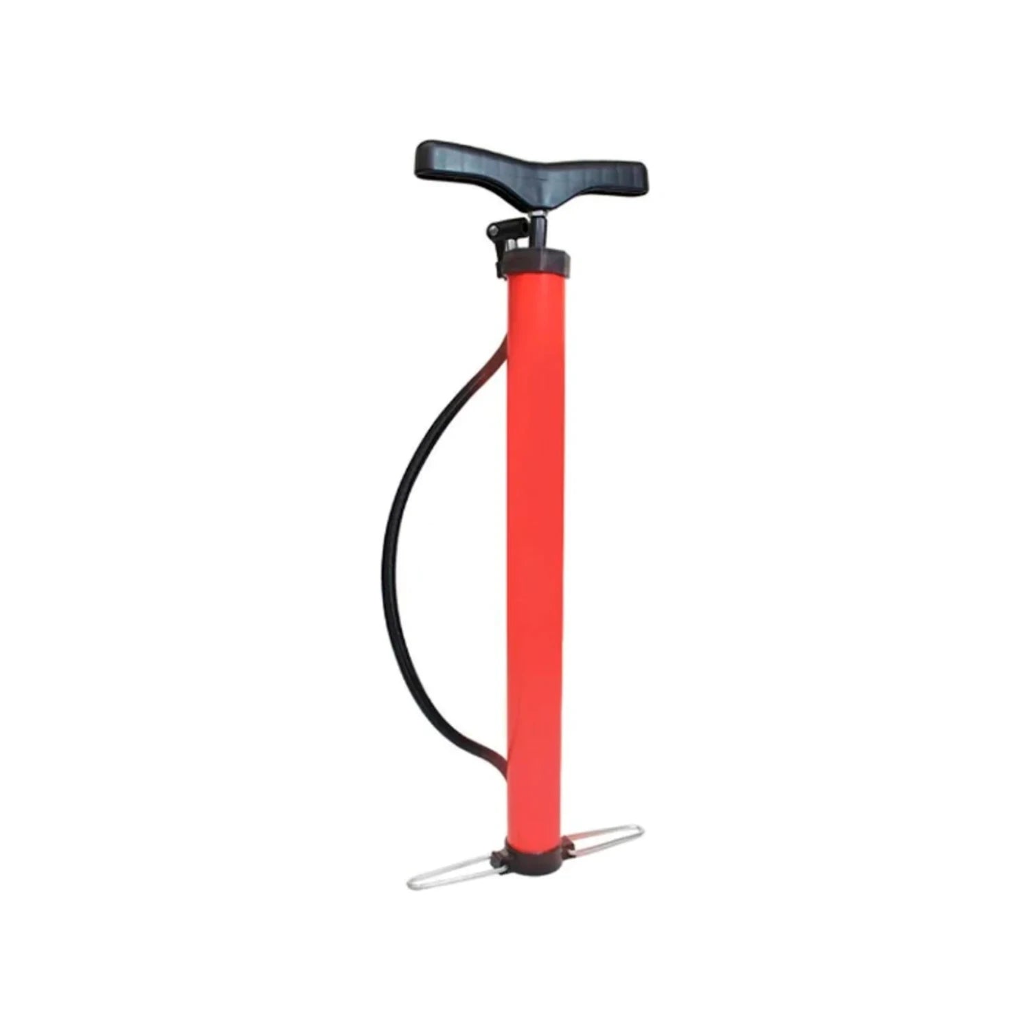 Bomba de mano vertical roja con mango en T y base de apoyo, manguera negra, para inflar neumáticos y balones