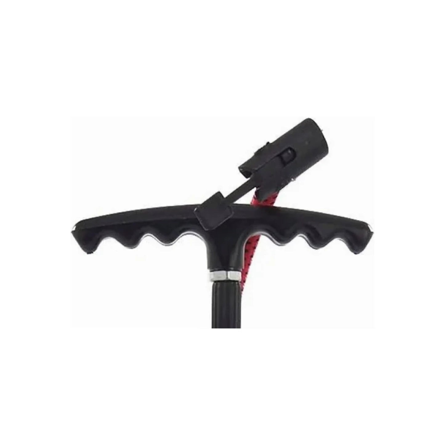 Mango ergonómico negro de bomba de mano con agarre ondulado y conector de válvula.