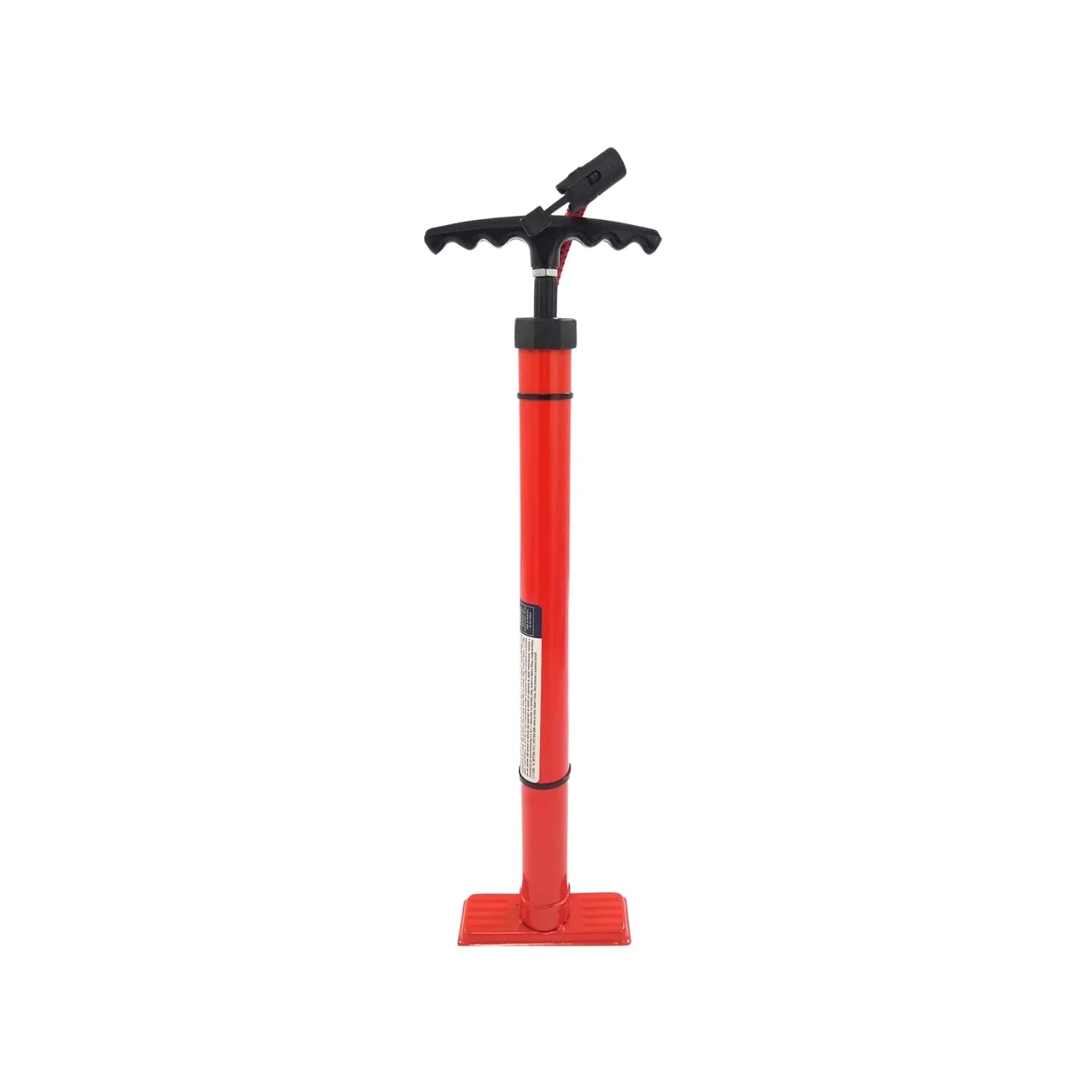 Bomba manual de cuerpo metálico.,Bombeo a 2 manos.,Tamaño: 15" (38 cm).,Base fija.,Diámetro: 1 1/4" (31.8 mm).,Manguera reforzada con nylon.,Ideal para auxiliar en el inflado de llantas de baja presión.