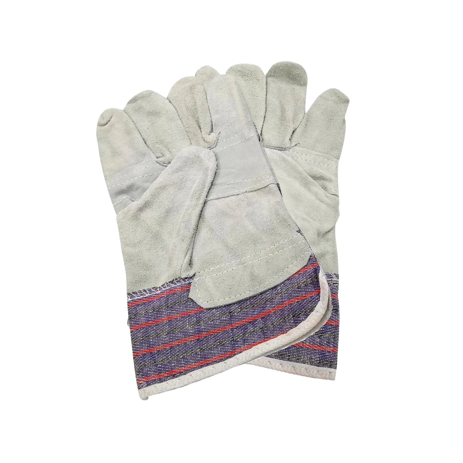 Guantes de trabajo de carnaza gris, puño corto de tela a rayas rojas y azules, protección para construcción y carga