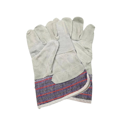 Guantes de trabajo de carnaza gris, puño corto de tela a rayas rojas y azules, protección para construcción y carga