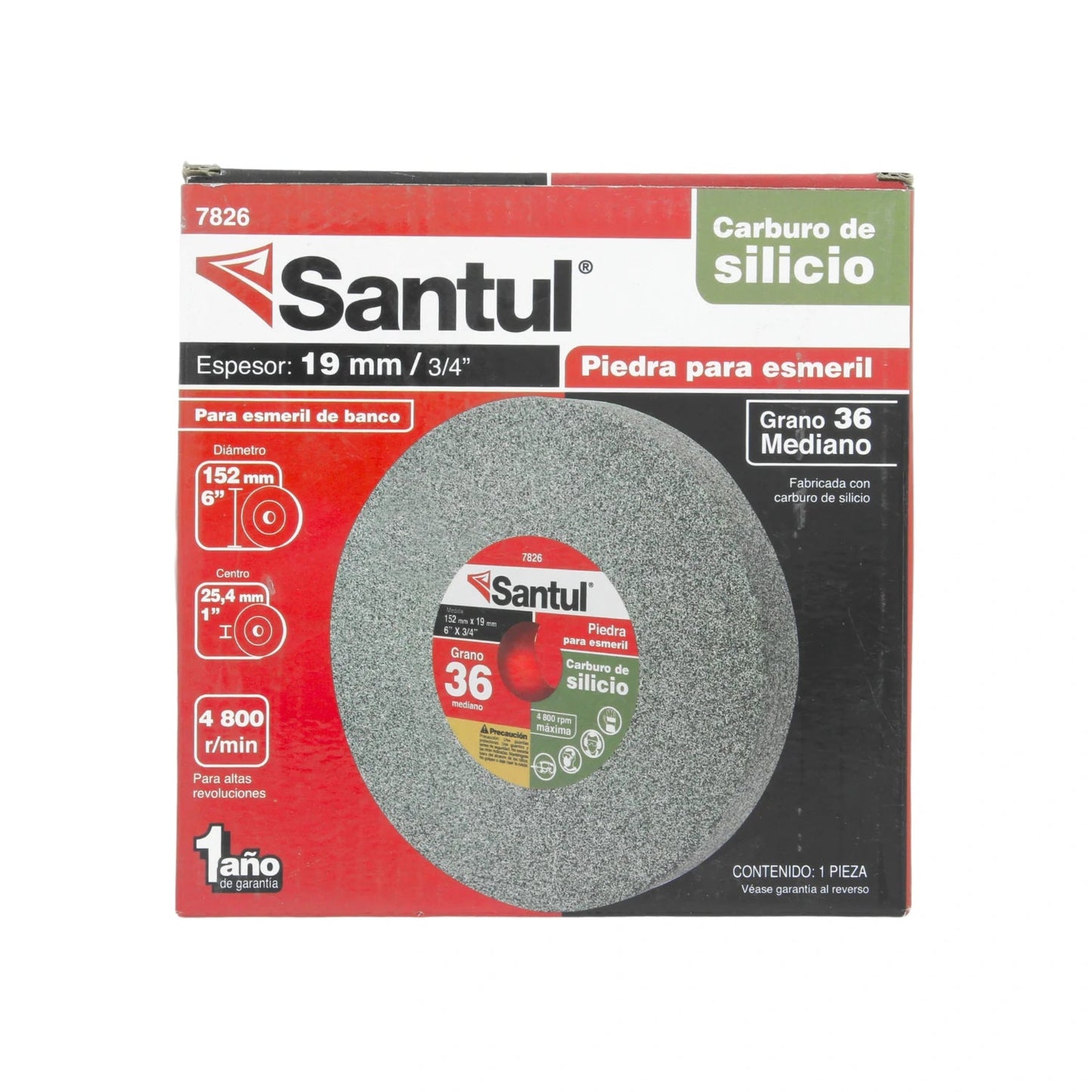 Piedra para esmeril Santul 6" grano 36 mediano, 19mm ancho, de carburo de silicio para banco.
