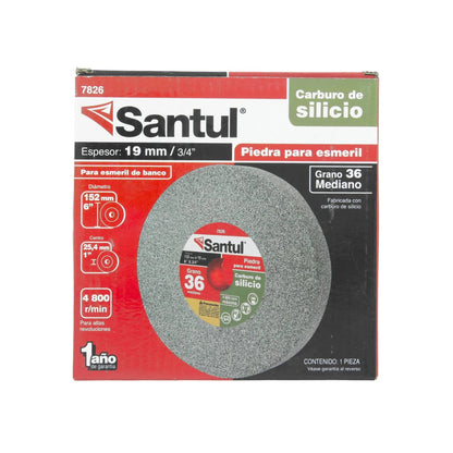 Piedra para esmeril Santul 6" grano 36 mediano, 19mm ancho, de carburo de silicio para banco.