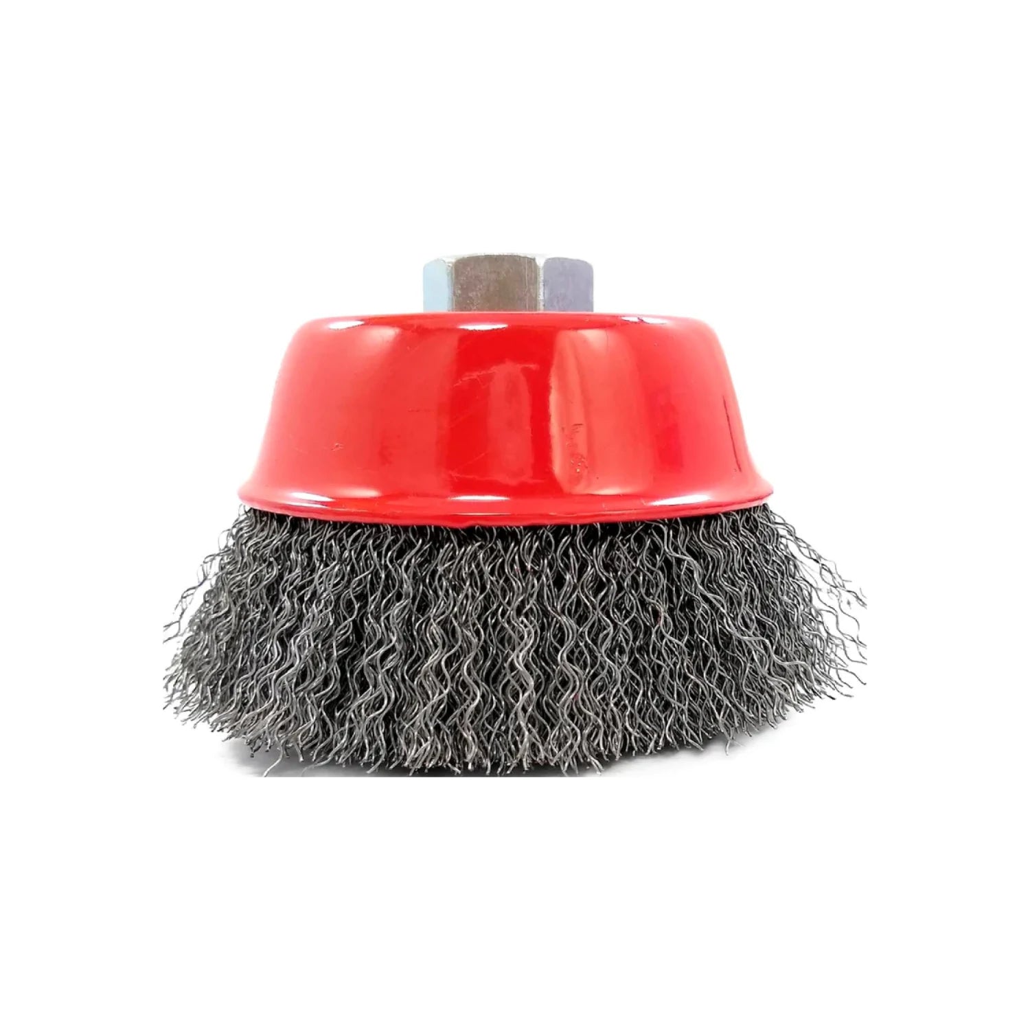 Carda de copa de alambre trenzado 4" con cuerpo rojo para desbaste y limpieza de metal en esmeriladora.