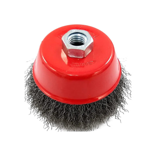 Carda de copa con alambre ondulado rojo para desbastar y limpiar metal