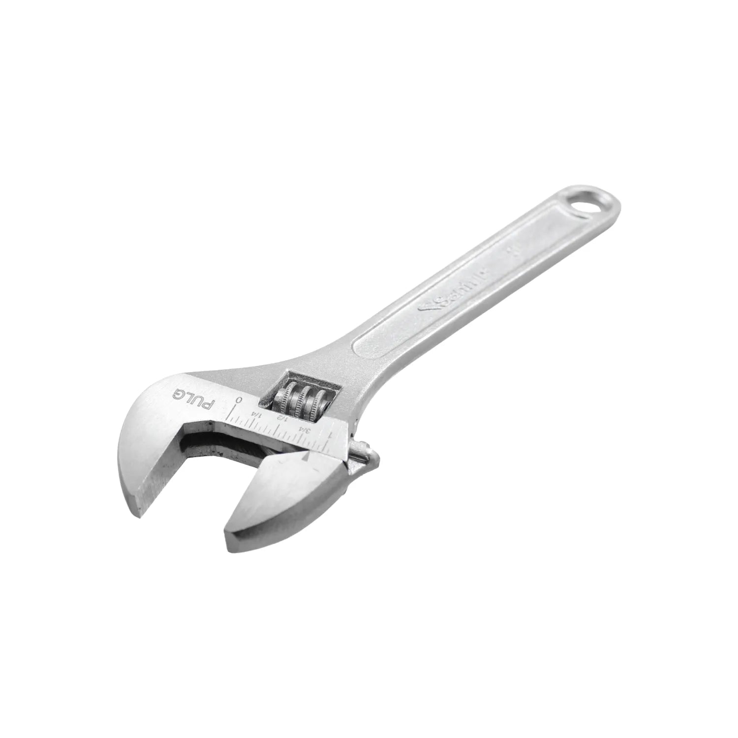 Llave inglesa ajustable de acero cromado con escala en pulgadas para ajuste preciso de tuercas y tornillos.