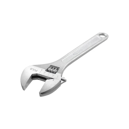 Llave inglesa ajustable de acero cromado con escala en pulgadas para ajuste preciso de tuercas y tornillos.